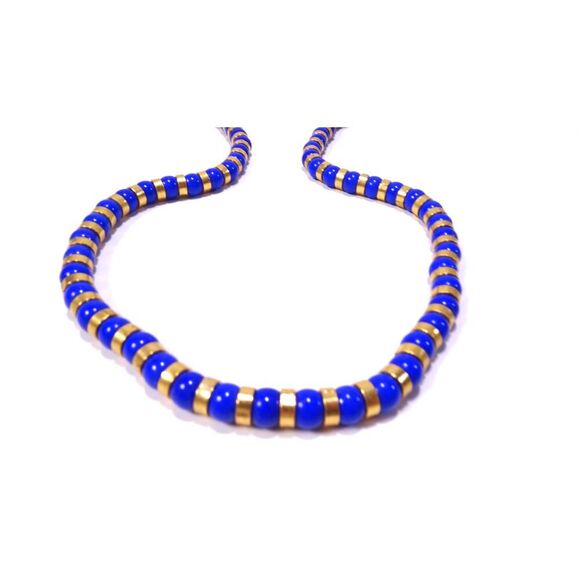 Neiman Marcus Lee Angel Navy Blue Gold Glass Bead Spacer Long Necklace NWT 350 - Picture 10 of 13